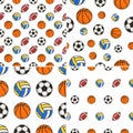 Volleyball, soccer, american football or rugby and basketball balls seamless pattern set Royalty Free Stock Photo